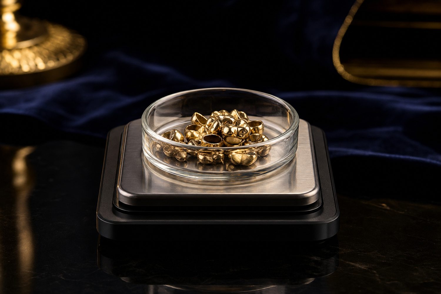 Glasschale mit Zahngold auf der Waagschale einer Feinwaage auf dunkler Fl&auml;che &ndash; Zahngold wiegen und bewerten in Hannover