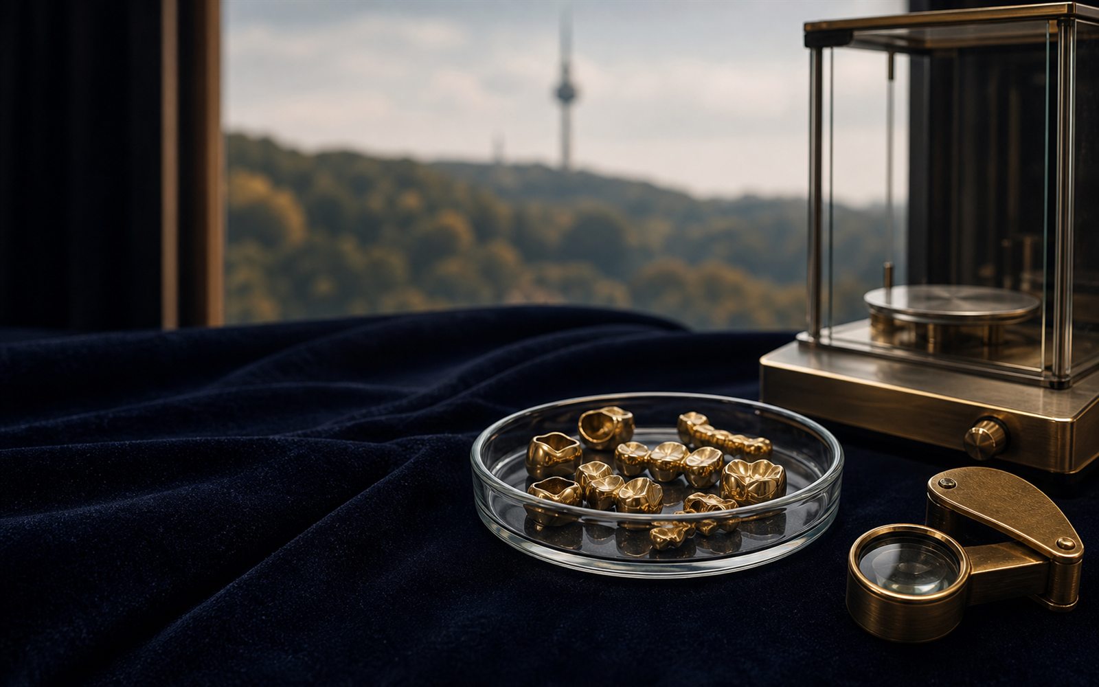 Zahngold, Goldkronen und Br&uuml;cken in einer Glasschale auf dunklem Samt, daneben Lupe und Feinwaage, im Hintergrund die Silhouette des Iserlohner Doms &ndash; Zahngold verkaufen Iserlohn