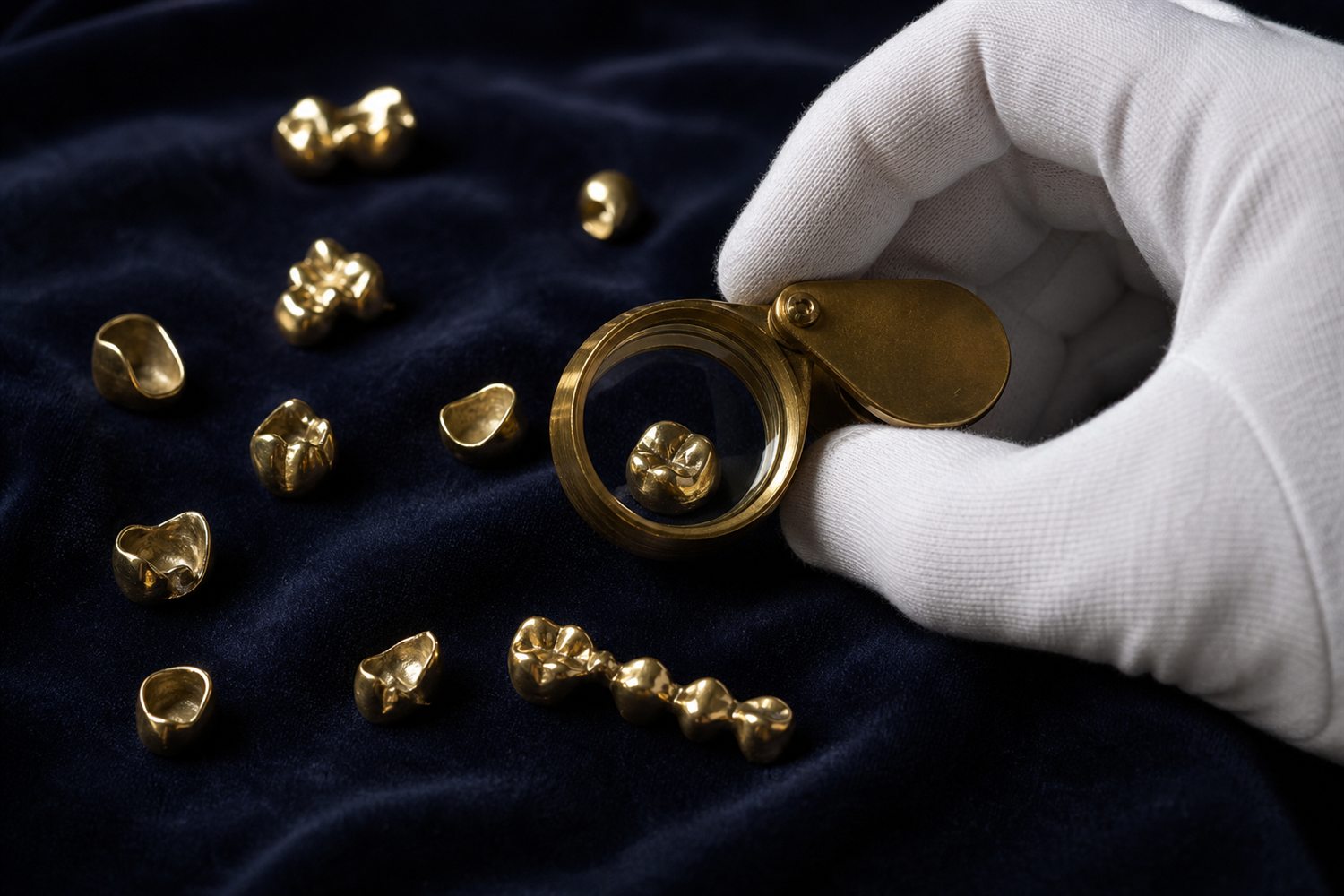 Wei&szlig; behandschuhte Hand sortiert Goldkronen und Br&uuml;cken auf Samt und pr&uuml;ft sie mit der Lupe &ndash; Zahngold-Bewertung in Iserlohn