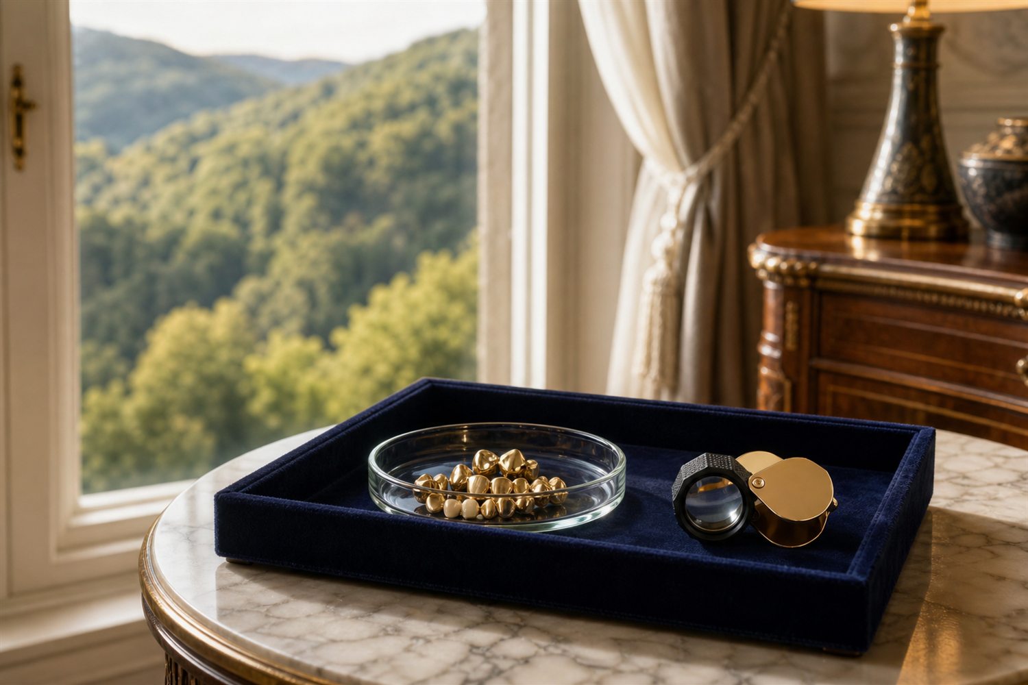 Marmortisch am Fenster einer Iserlohner Villa mit Samttablett, Glasschale Zahngold und Lupe &ndash; Hausbesuch Zahngold-Ankauf Iserlohn