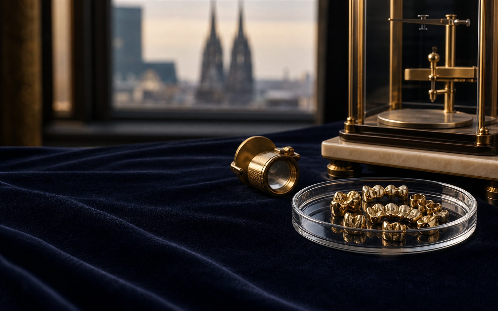 Zahngold, Goldkronen und Br&uuml;cken in einer Glasschale auf dunklem Samt, daneben Lupe und Feinwaage, im Hintergrund die Silhouette des K&ouml;lner Doms &ndash; Zahngold verkaufen K&ouml;ln