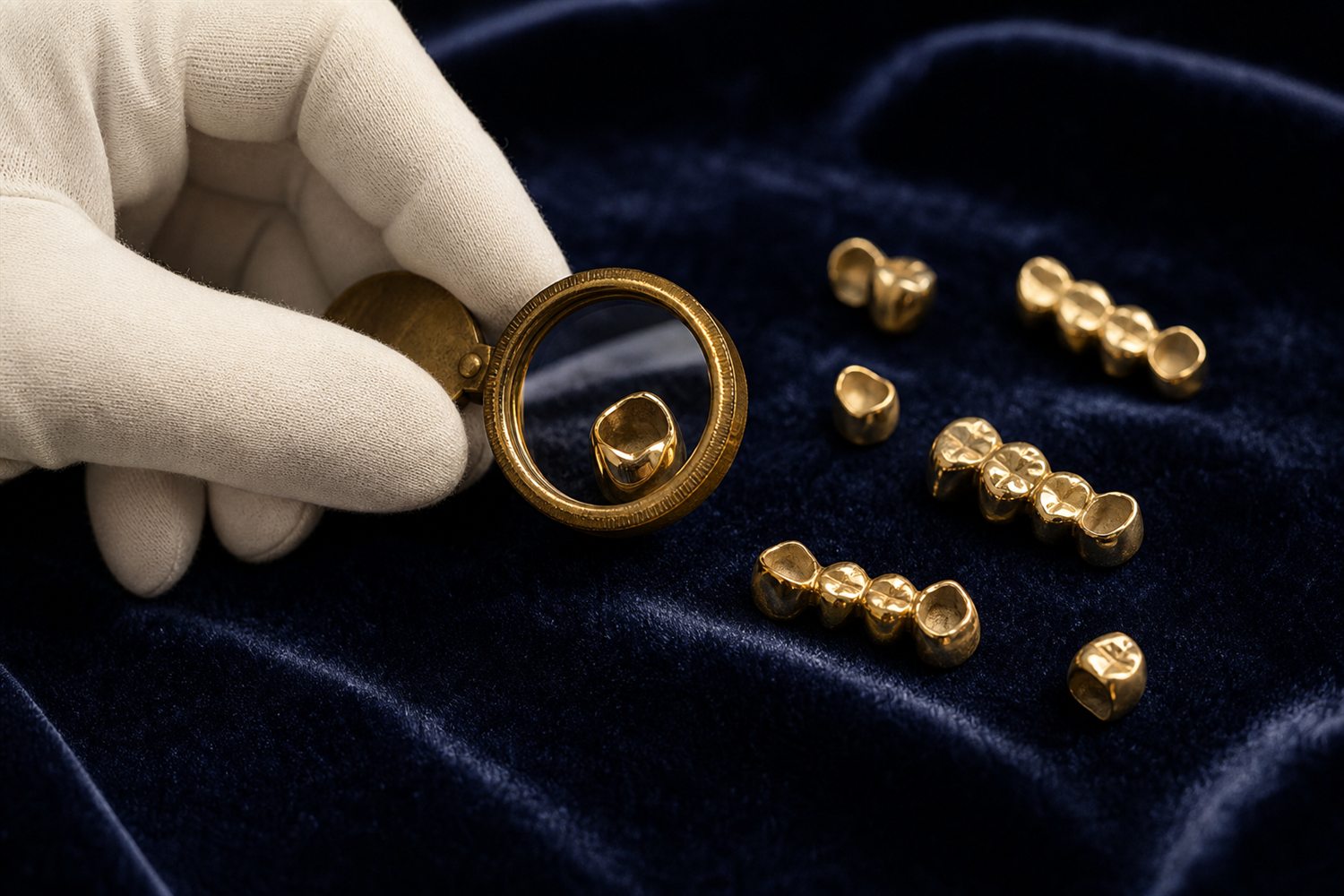 Wei&szlig; behandschuhte Hand sortiert Goldkronen und Br&uuml;cken auf Samt und pr&uuml;ft sie mit der Lupe &ndash; Zahngold-Bewertung in K&ouml;ln