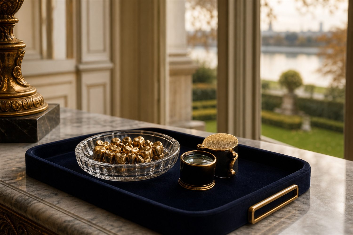 Marmortisch am Fenster einer K&ouml;lner Villa mit Samttablett, Glasschale Zahngold und Lupe &ndash; Hausbesuch Zahngold-Ankauf K&ouml;ln
