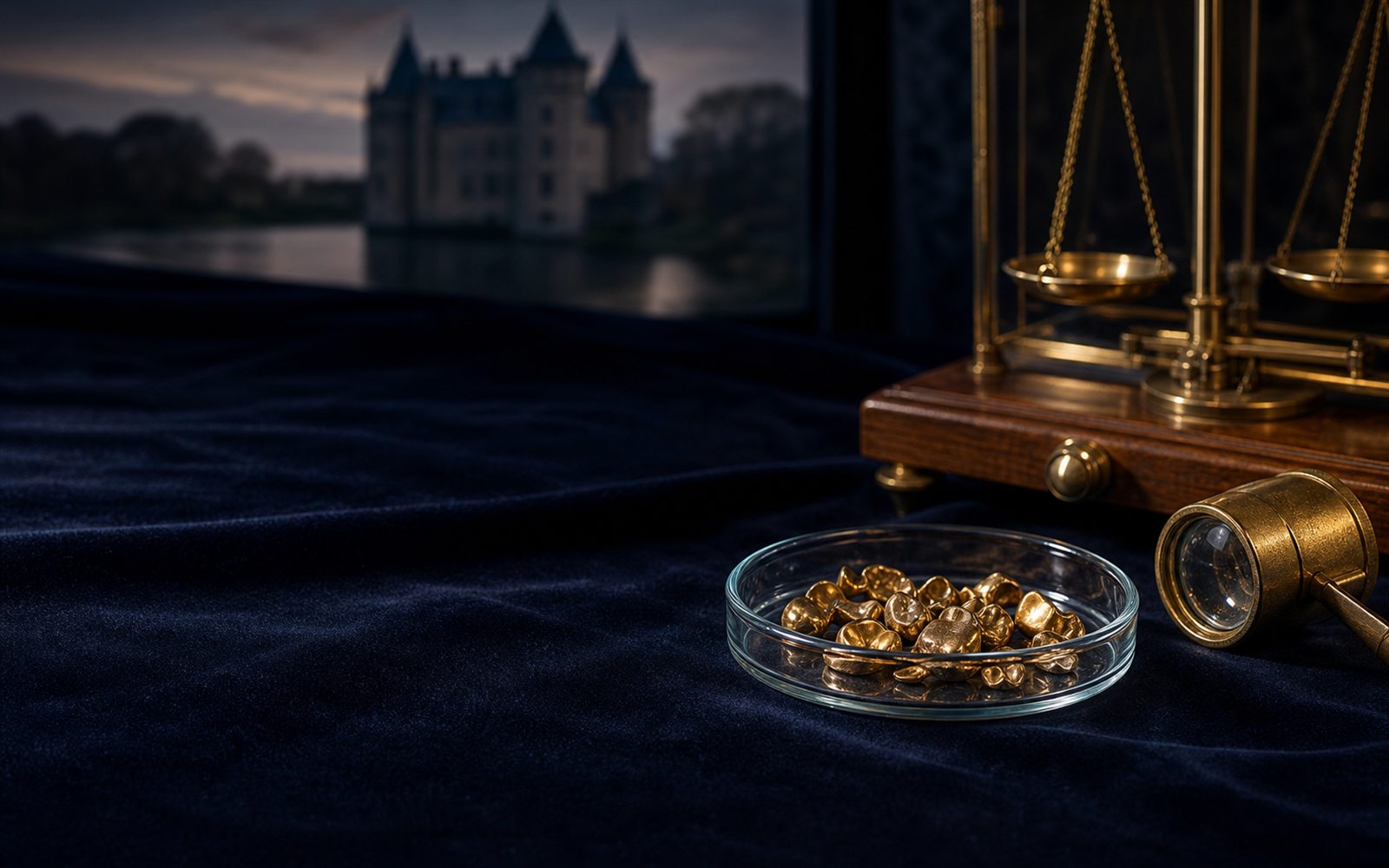 Zahngold, Goldkronen und Br&uuml;cken in einer Glasschale auf dunklem Samt, daneben Lupe und Feinwaage, im Hintergrund die Silhouette des Krefelder Doms &ndash; Zahngold verkaufen Krefeld