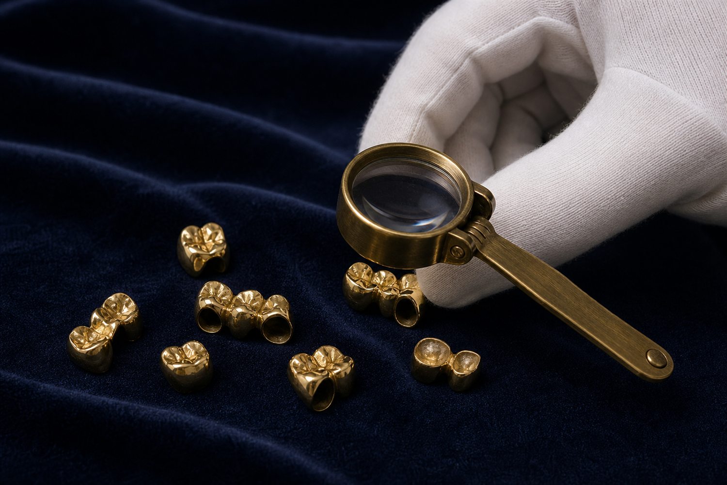Wei&szlig; behandschuhte Hand sortiert Goldkronen und Br&uuml;cken auf Samt und pr&uuml;ft sie mit der Lupe &ndash; Zahngold-Bewertung in Krefeld