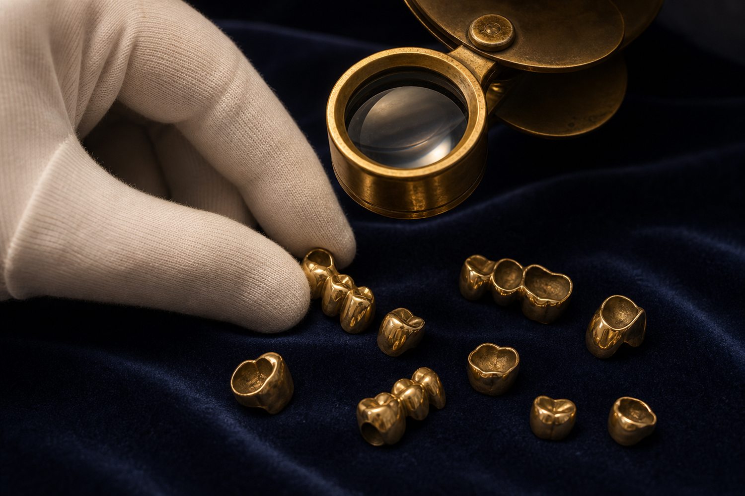 Wei&szlig; behandschuhte Hand sortiert Goldkronen und Br&uuml;cken auf Samt und pr&uuml;ft sie mit der Lupe &ndash; Zahngold-Bewertung in Leipzig