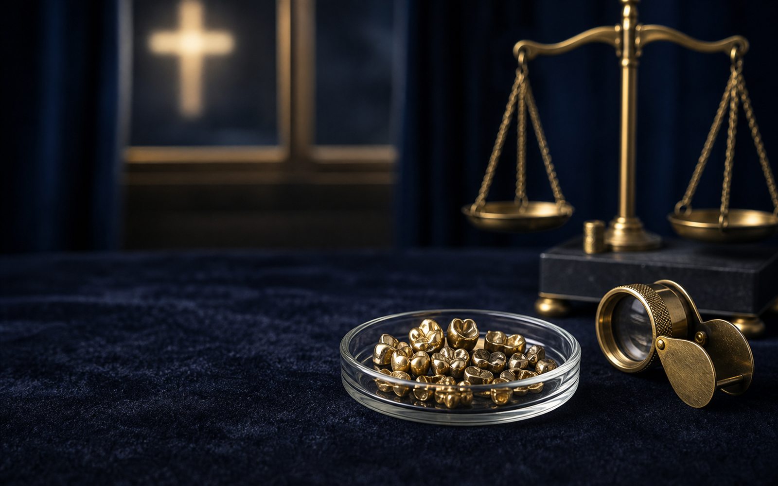 Zahngold, Goldkronen und Br&uuml;cken in einer Glasschale auf dunklem Samt, daneben Lupe und Feinwaage, im Hintergrund die Silhouette des Leverkusener Doms &ndash; Zahngold verkaufen Leverkusen