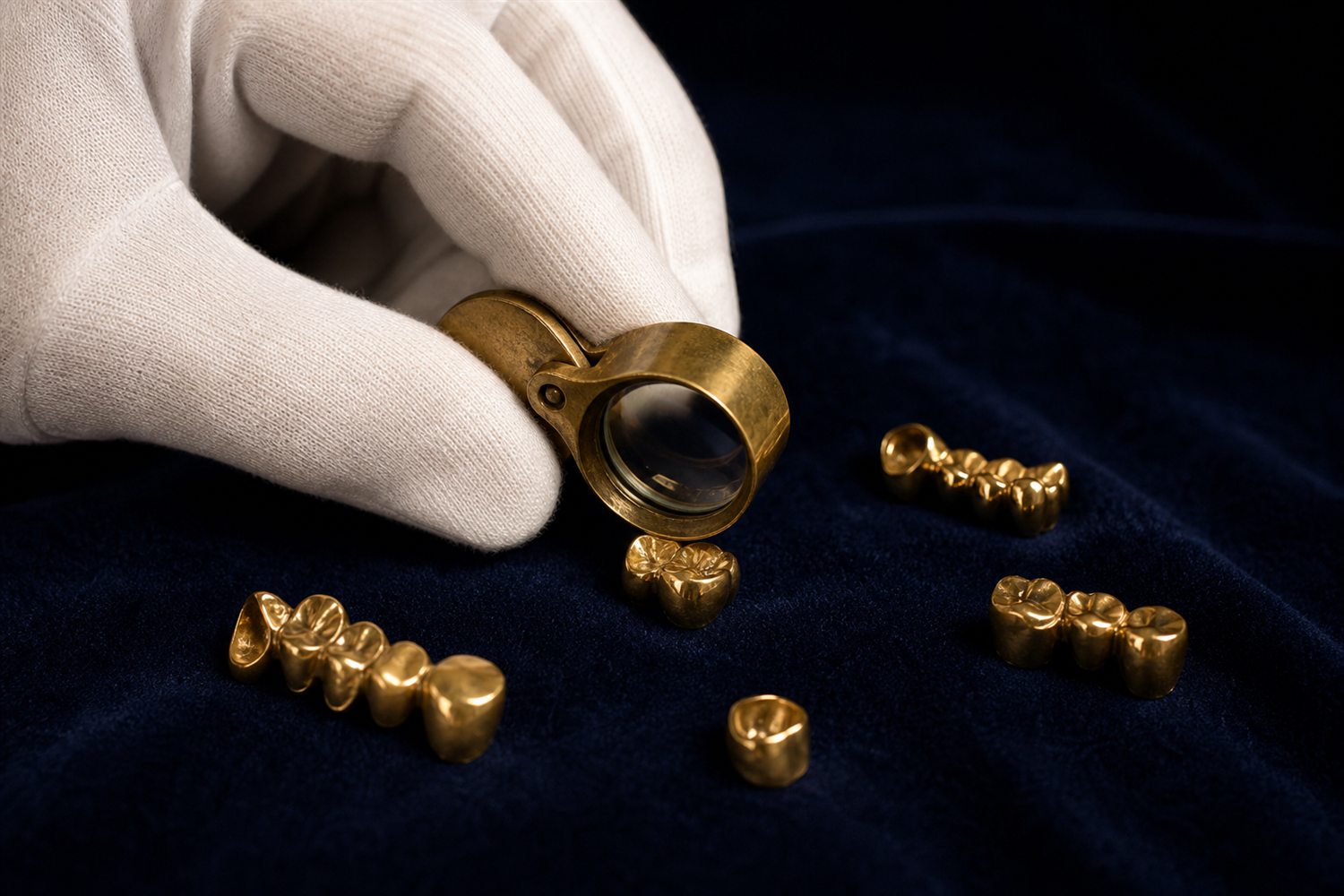 Wei&szlig; behandschuhte Hand sortiert Goldkronen und Br&uuml;cken auf Samt und pr&uuml;ft sie mit der Lupe &ndash; Zahngold-Bewertung in Leverkusen