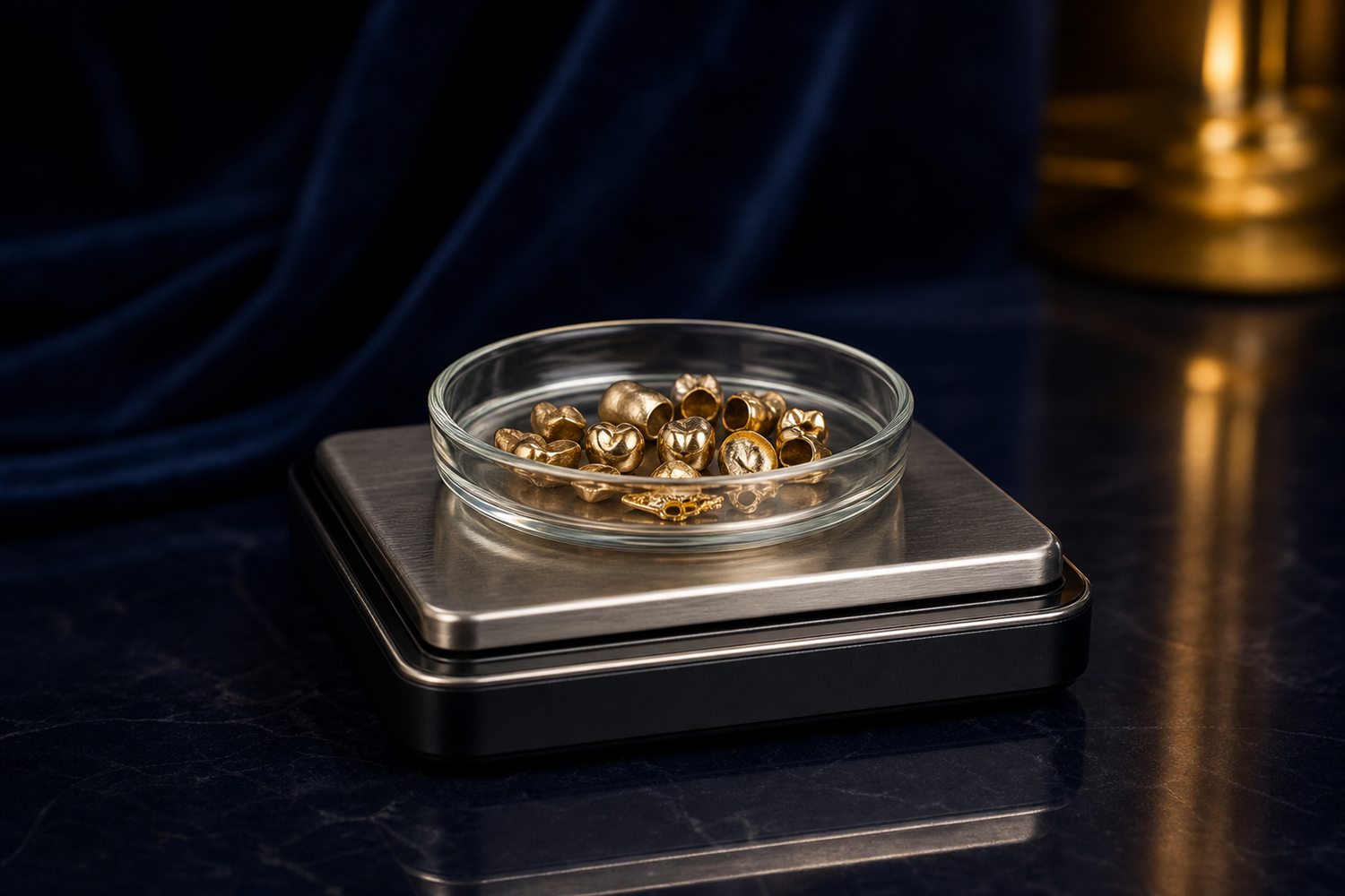 Glasschale mit Zahngold auf der Waagschale einer Feinwaage auf dunkler Fl&auml;che &ndash; Zahngold wiegen und bewerten in Leverkusen