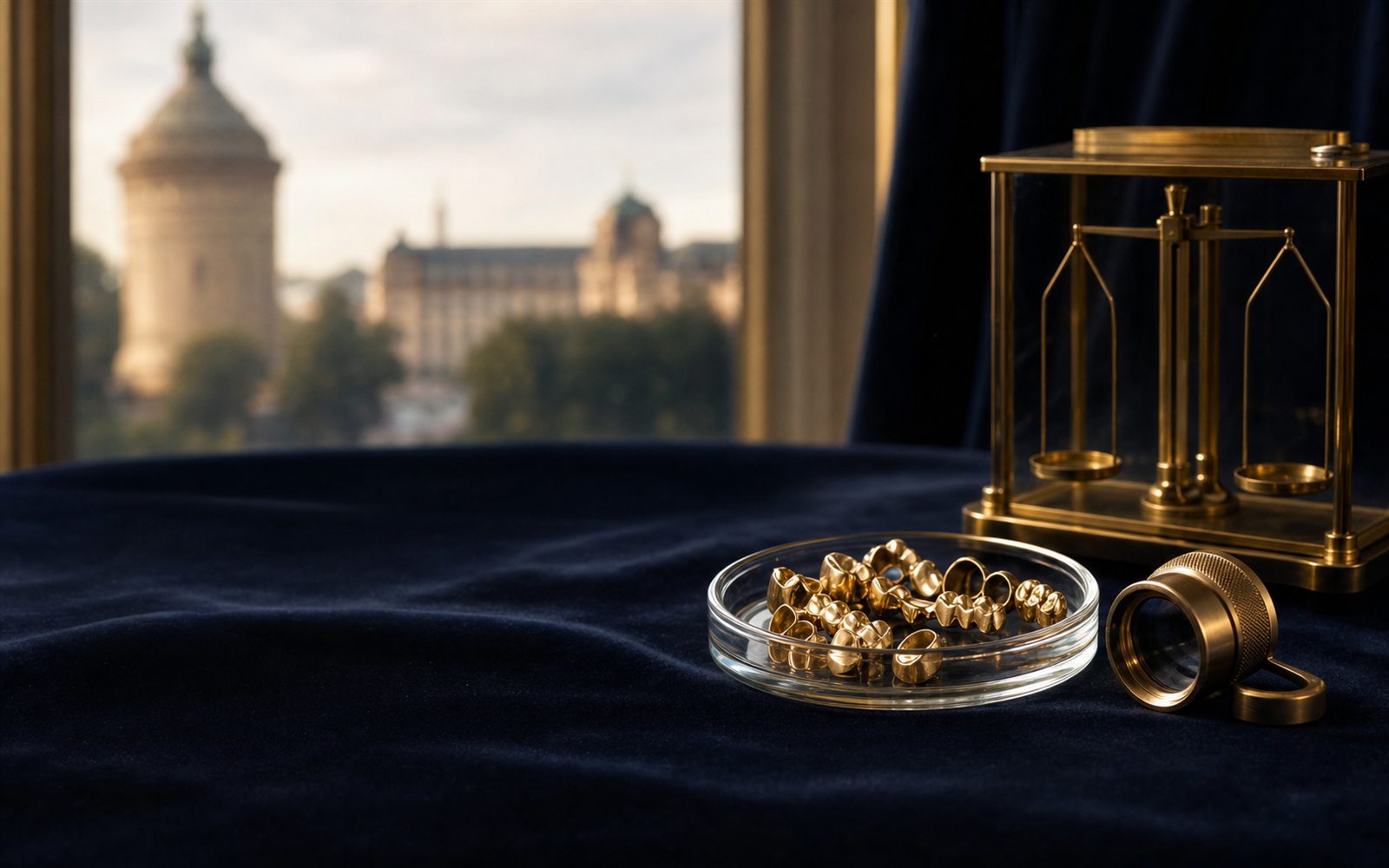 Zahngold, Goldkronen und Br&uuml;cken in einer Glasschale auf dunklem Samt, daneben Lupe und Feinwaage, im Hintergrund die Silhouette des Mannheimer Wasserturms &ndash; Zahngold verkaufen Mannheim