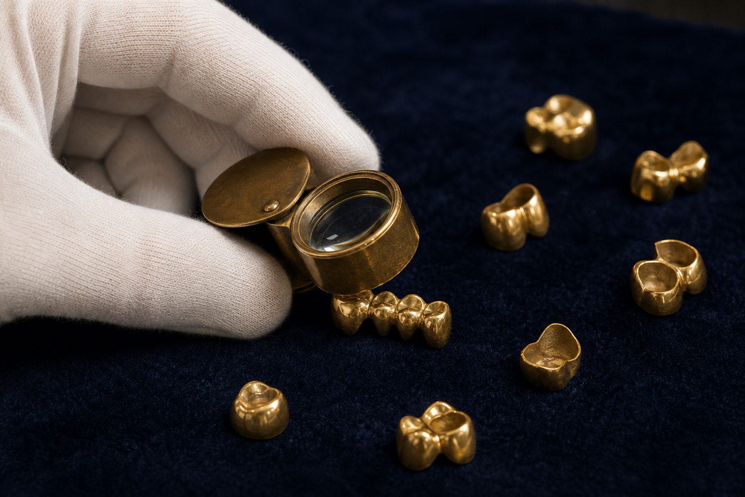 Wei&szlig; behandschuhte Hand sortiert Goldkronen und Br&uuml;cken auf Samt und pr&uuml;ft sie mit der Lupe &ndash; Zahngold-Bewertung in Mannheim