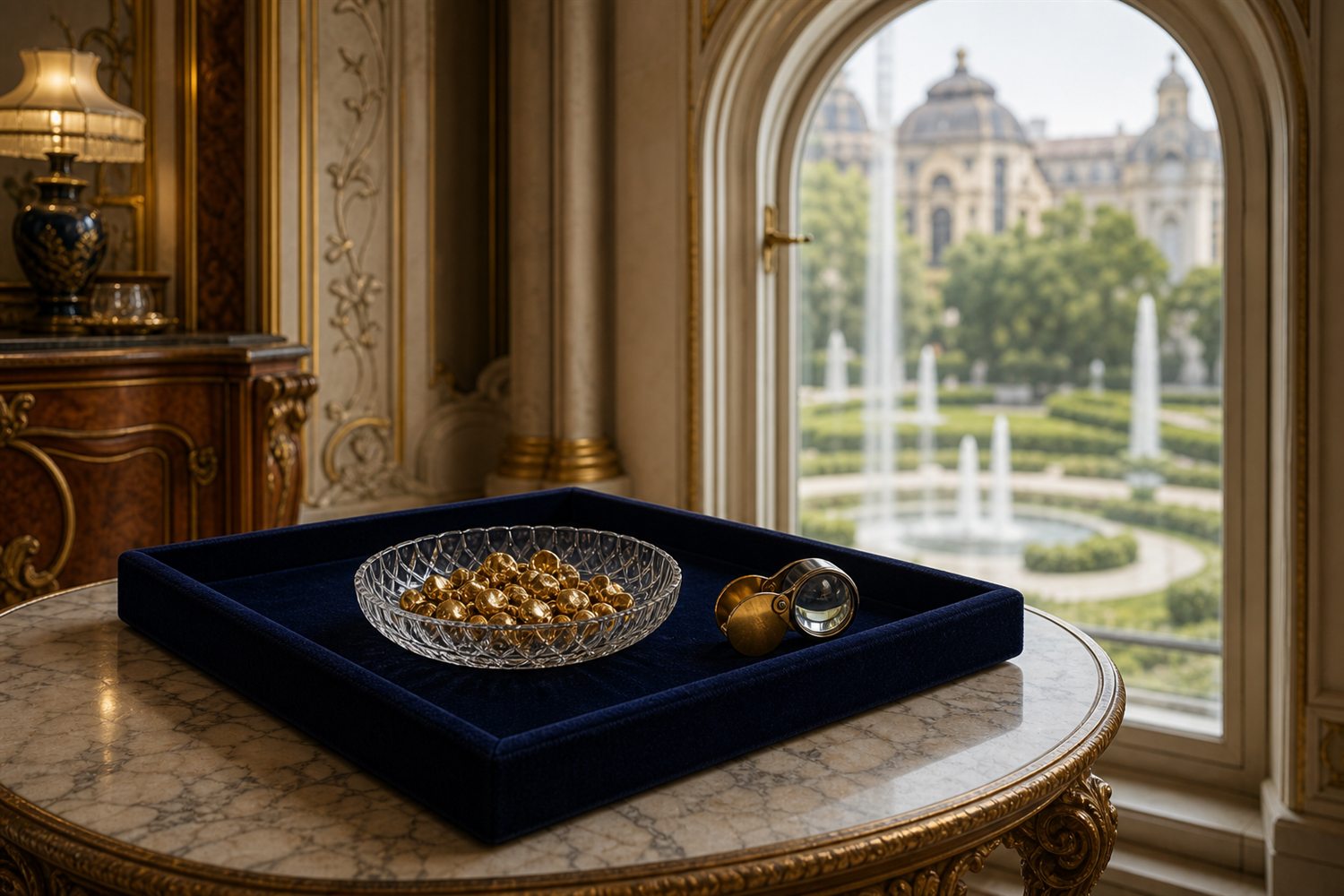 Marmortisch am Fenster einer Mannheimer Villa mit Samttablett, Glasschale Zahngold und Lupe &ndash; Hausbesuch Zahngold-Ankauf Mannheim