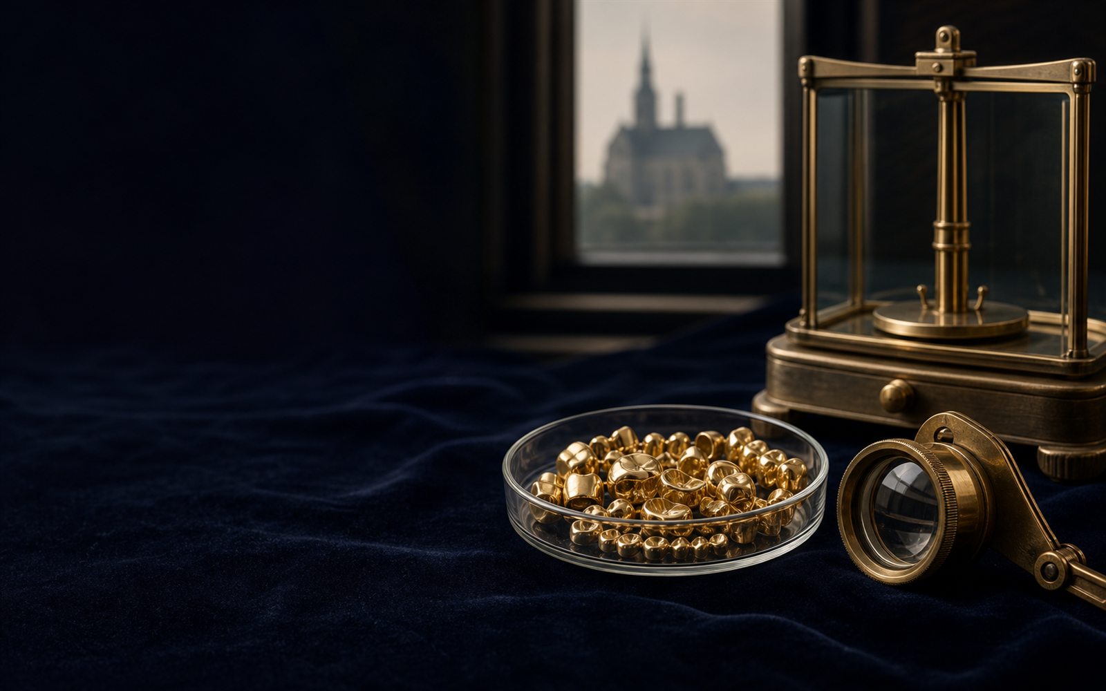Zahngold, Goldkronen und Br&uuml;cken in einer Glasschale auf dunklem Samt, daneben Lupe und Feinwaage, im Hintergrund die Silhouette des M&ouml;nchengladbacher M&uuml;nsters &ndash; Zahngold verkaufen M&ouml;nchengladbach