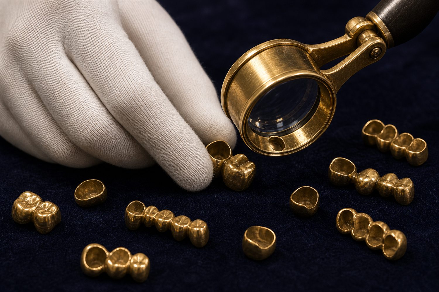 Wei&szlig; behandschuhte Hand sortiert Goldkronen und Br&uuml;cken auf Samt und pr&uuml;ft sie mit der Lupe &ndash; Zahngold-Bewertung in M&ouml;nchengladbach