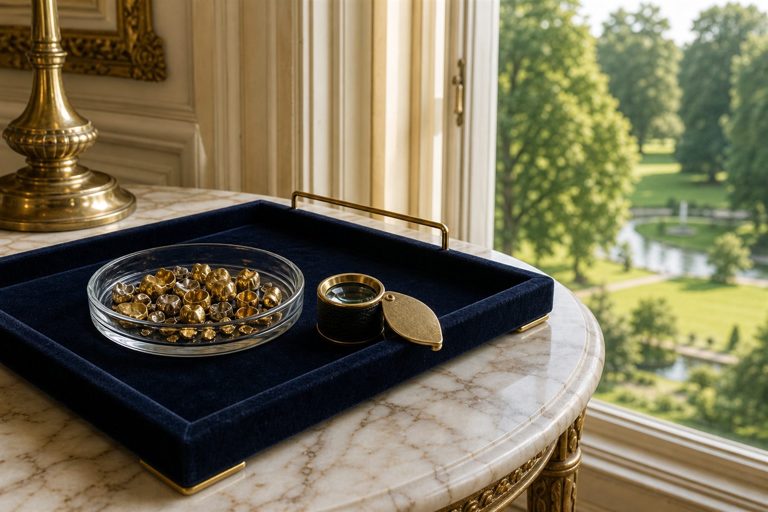 Marmortisch am Fenster einer M&ouml;nchengladbacher Villa mit Samttablett, Glasschale Zahngold und Lupe &ndash; Hausbesuch Zahngold-Ankauf M&ouml;nchengladbach