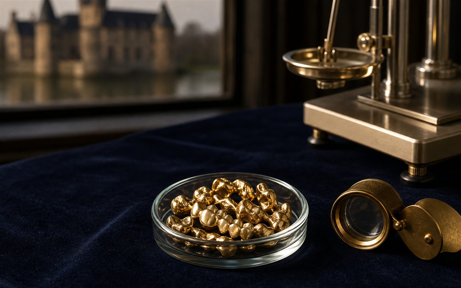 Zahngold, Goldkronen und Br&uuml;cken in einer Glasschale auf dunklem Samt, daneben Lupe und Feinwaage, im Hintergrund die Silhouette des Moerser Doms &ndash; Zahngold verkaufen Moers