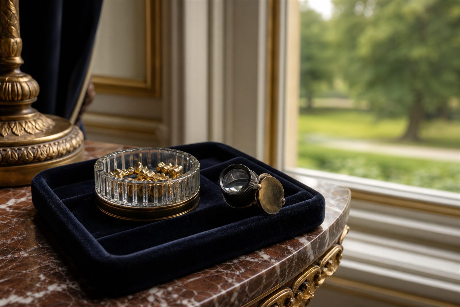 Marmortisch am Fenster einer Moerser Villa mit Samttablett, Glasschale Zahngold und Lupe &ndash; Hausbesuch Zahngold-Ankauf Moers