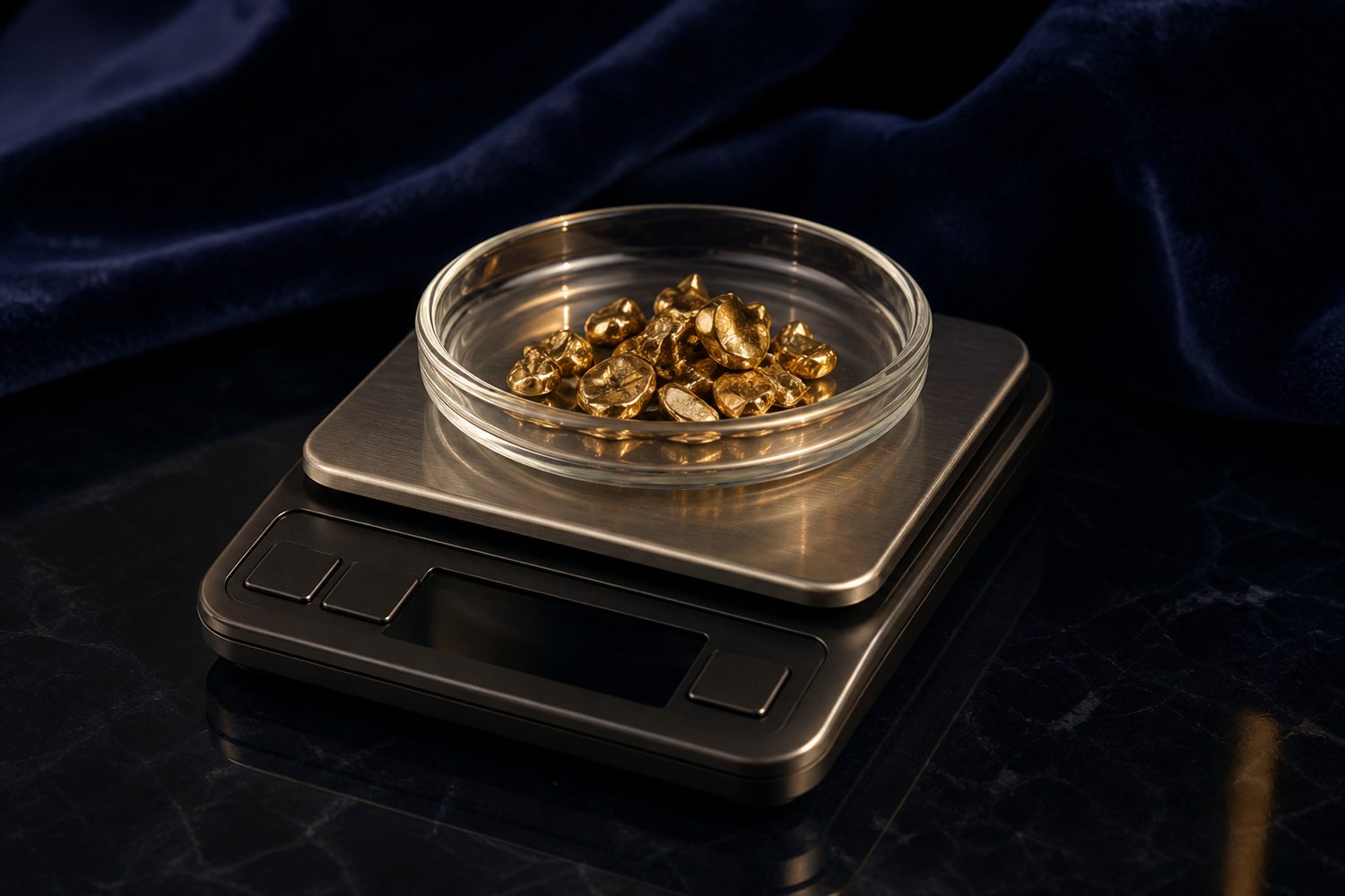 Glasschale mit Zahngold auf der Waagschale einer Feinwaage auf dunkler Fl&auml;che &ndash; Zahngold wiegen und bewerten in Moers