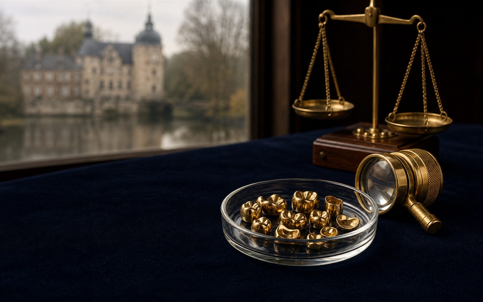 Zahngold, Goldkronen und Br&uuml;cken in einer Glasschale auf dunklem Samt, daneben Lupe und Feinwaage, im Hintergrund die Silhouette des M&uuml;lheim an der Ruhrer Doms &ndash; Zahngold verkaufen M&uuml;lheim an der Ruhr