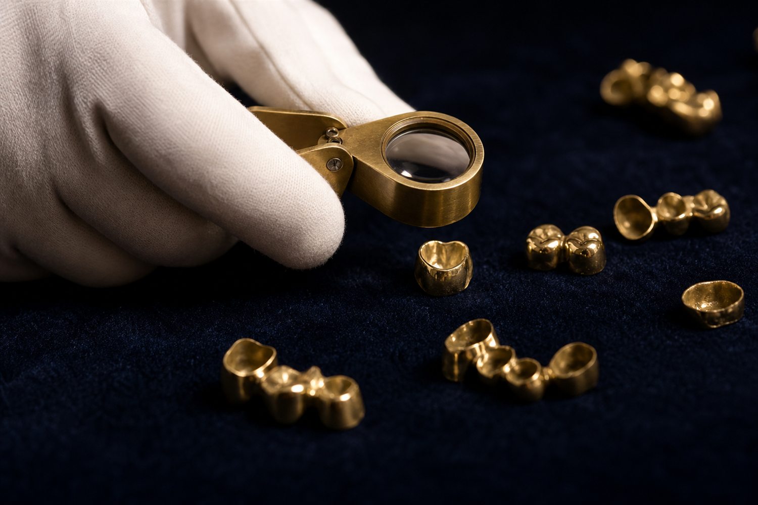 Wei&szlig; behandschuhte Hand sortiert Goldkronen und Br&uuml;cken auf Samt und pr&uuml;ft sie mit der Lupe &ndash; Zahngold-Bewertung in M&uuml;lheim an der Ruhr