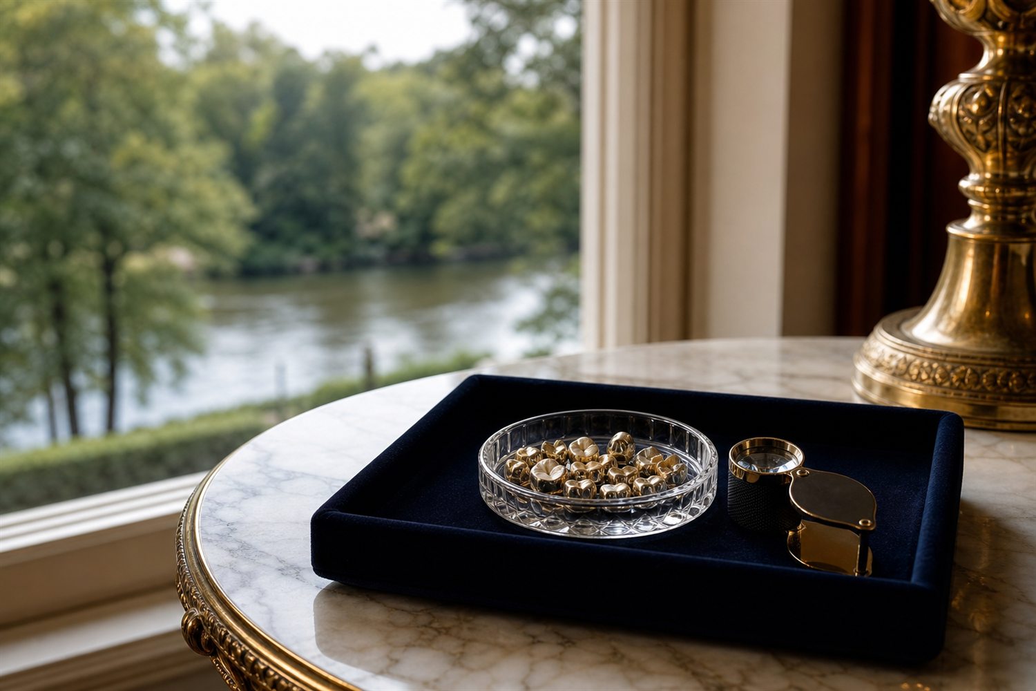 Marmortisch am Fenster einer M&uuml;lheim an der Ruhrer Villa mit Samttablett, Glasschale Zahngold und Lupe &ndash; Hausbesuch Zahngold-Ankauf M&uuml;lheim an der Ruhr