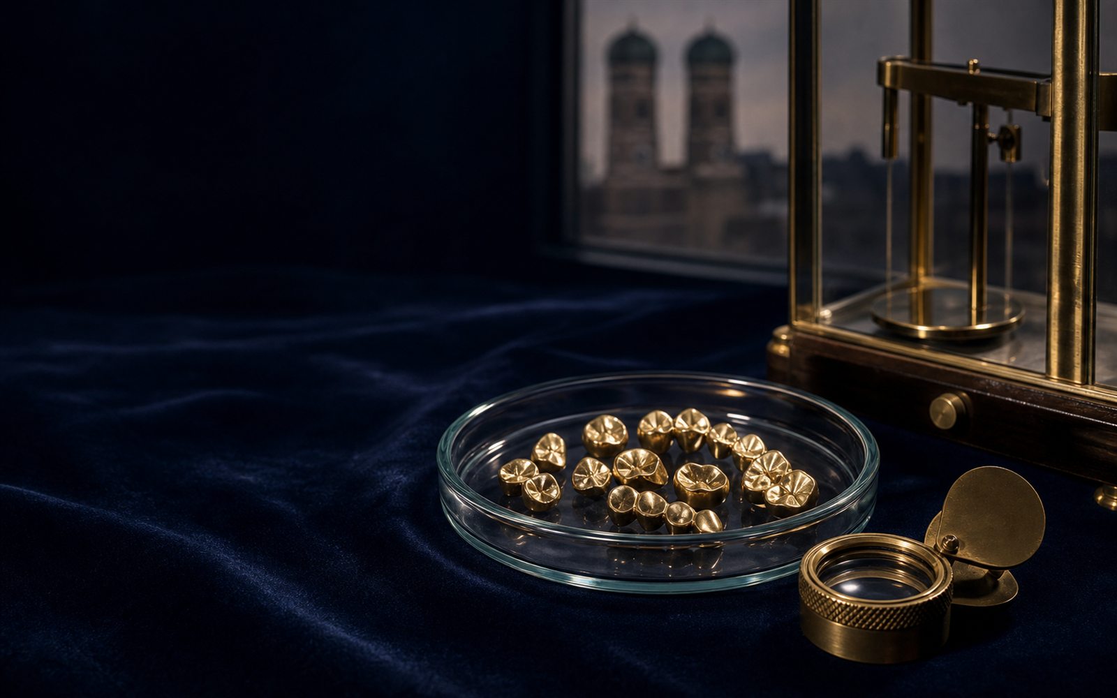 Zahngold, Goldkronen und Br&uuml;cken in einer Glasschale auf dunklem Samt, daneben Lupe und Feinwaage, im Hintergrund die Silhouette der M&uuml;nchner Frauenkirche &ndash; Zahngold verkaufen M&uuml;nchen