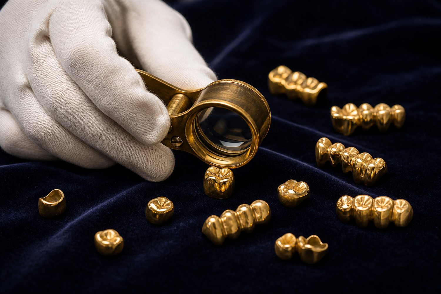 Wei&szlig; behandschuhte Hand sortiert Goldkronen und Br&uuml;cken auf Samt und pr&uuml;ft sie mit der Lupe &ndash; Zahngold-Bewertung in M&uuml;nchen