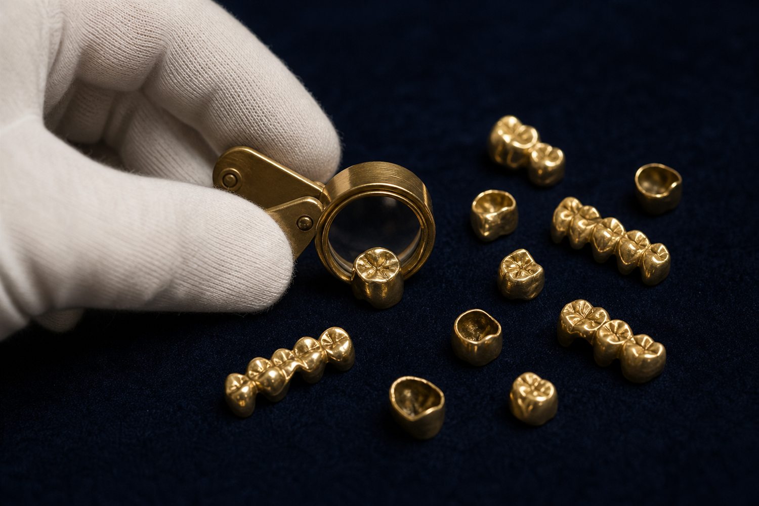 Wei&szlig; behandschuhte Hand sortiert Goldkronen und Br&uuml;cken auf Samt und pr&uuml;ft sie mit der Lupe &ndash; Zahngold-Bewertung in M&uuml;nster