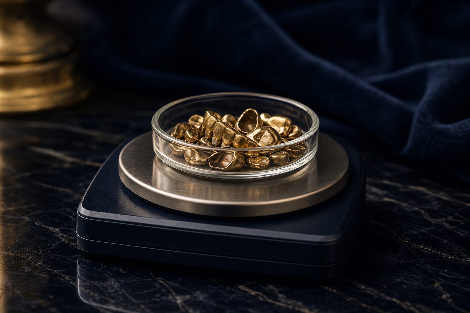Glasschale mit Zahngold auf der Waagschale einer Feinwaage auf dunkler Fl&auml;che &ndash; Zahngold wiegen und bewerten in M&uuml;nster
