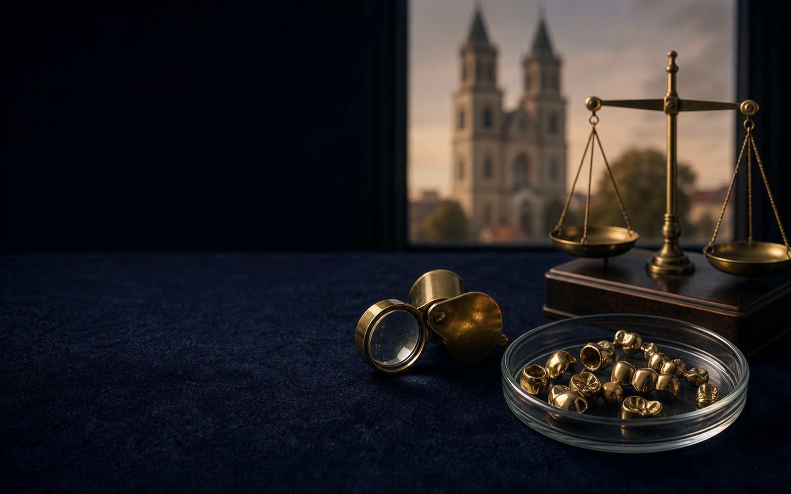 Zahngold, Goldkronen und Br&uuml;cken in einer Glasschale auf dunklem Samt, daneben Lupe und Feinwaage, im Hintergrund die Silhouette des Neusser Doms &ndash; Zahngold verkaufen Neuss