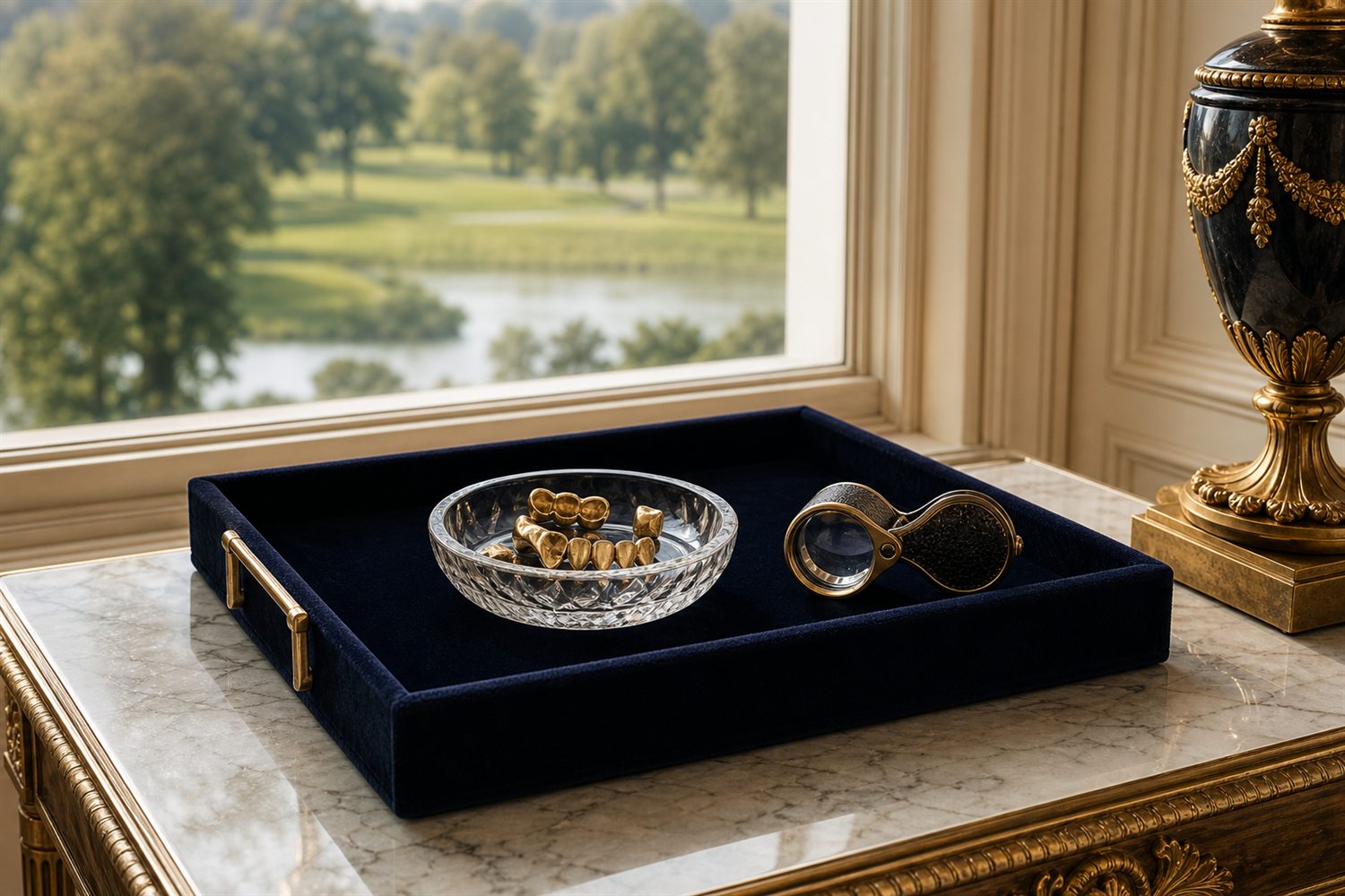 Marmortisch am Fenster einer Neusser Villa mit Samttablett, Glasschale Zahngold und Lupe &ndash; Hausbesuch Zahngold-Ankauf Neuss