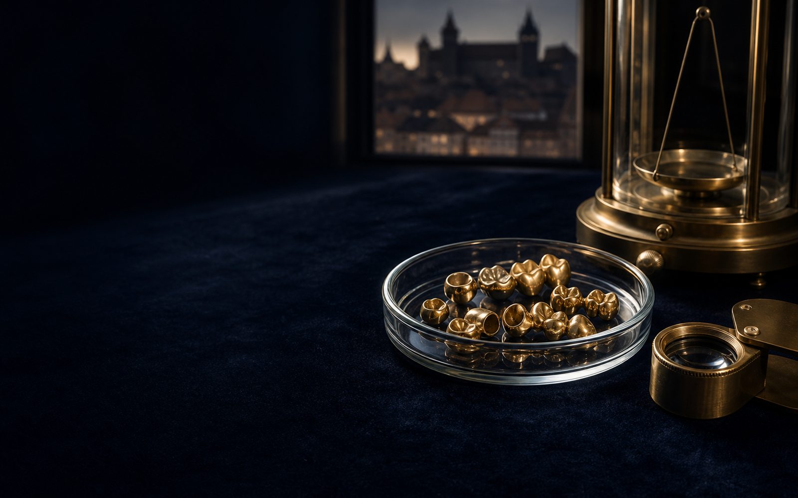 Zahngold, Goldkronen und Br&uuml;cken in einer Glasschale auf dunklem Samt, daneben Lupe und Feinwaage, im Hintergrund die Silhouette der Kaiserburg &ndash; Zahngold verkaufen N&uuml;rnberg