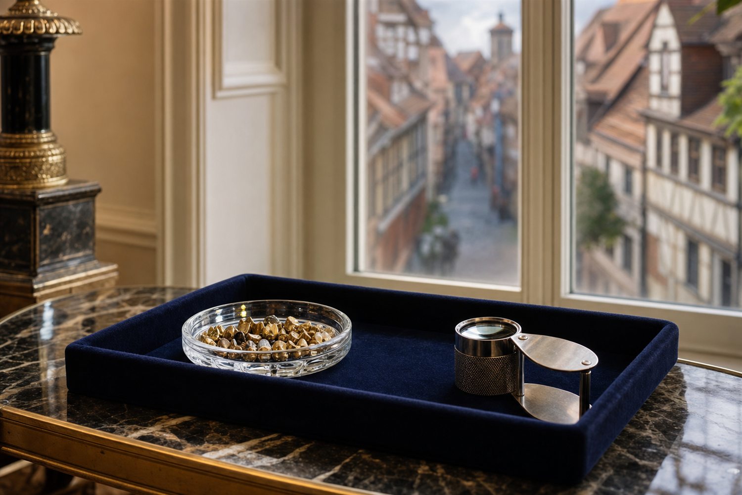 Marmortisch am Fenster einer N&uuml;rnberger Villa mit Samttablett, Glasschale Zahngold und Lupe &ndash; Hausbesuch Zahngold-Ankauf N&uuml;rnberg
