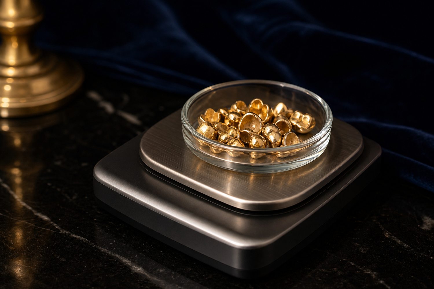 Glasschale mit Zahngold auf der Waagschale einer Feinwaage auf dunkler Fl&auml;che &ndash; Zahngold wiegen und bewerten in N&uuml;rnberg