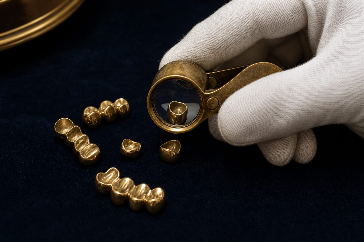 Wei&szlig; behandschuhte Hand sortiert Goldkronen und Br&uuml;cken auf Samt und pr&uuml;ft sie mit der Lupe &ndash; Zahngold-Bewertung in Oberhausen