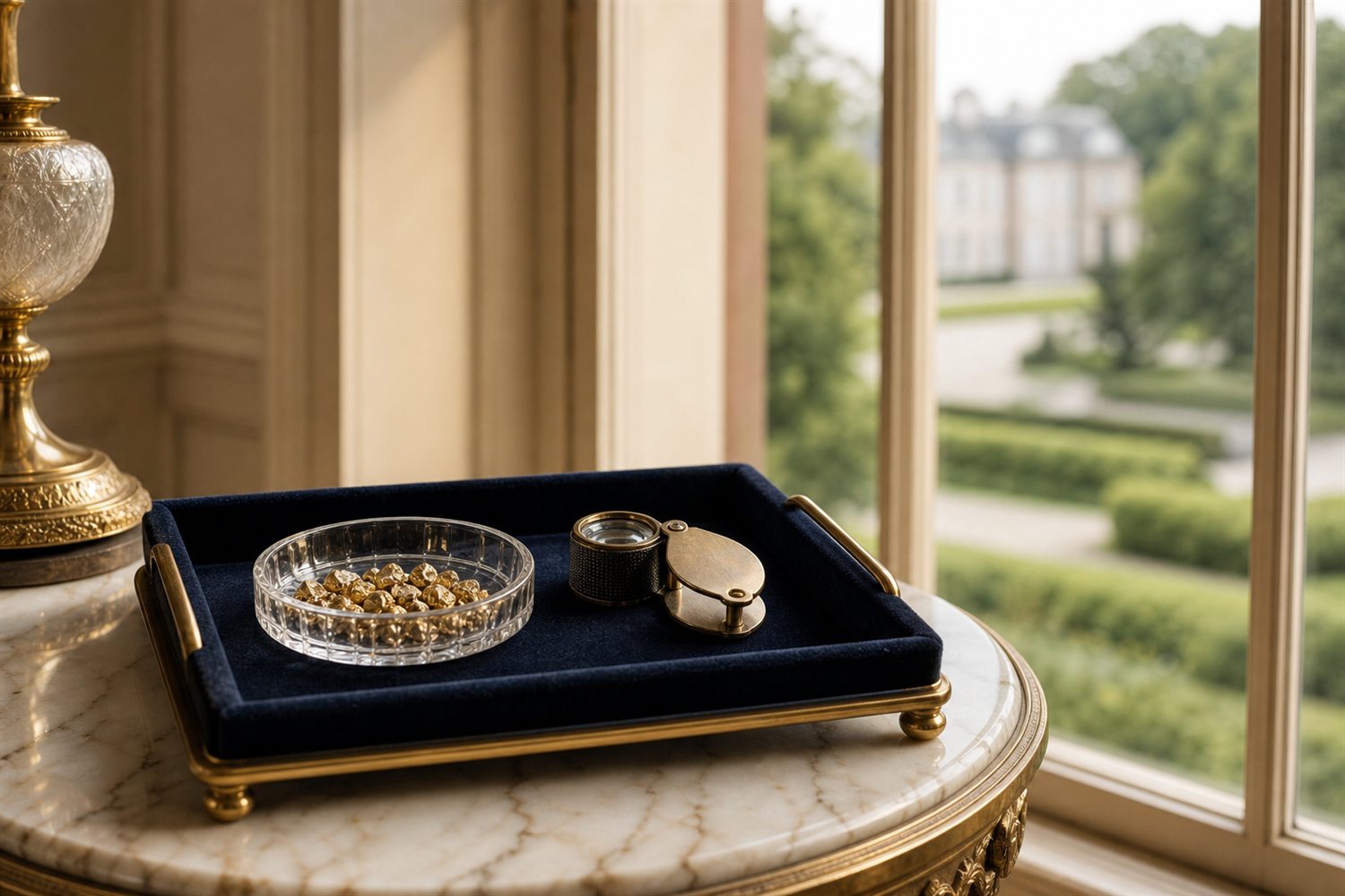 Marmortisch am Fenster einer Oberhausener Villa mit Samttablett, Glasschale Zahngold und Lupe &ndash; Hausbesuch Zahngold-Ankauf Oberhausen