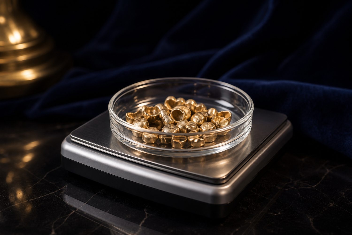 Glasschale mit Zahngold auf der Waagschale einer Feinwaage auf dunkler Fl&auml;che &ndash; Zahngold wiegen und bewerten in Oberhausen
