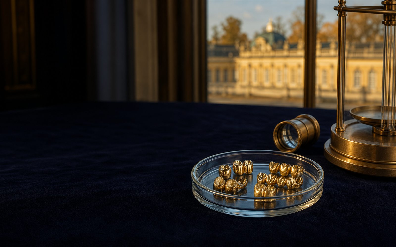 Zahngold, Goldkronen und Br&uuml;cken in einer Glasschale auf dunklem Samt, daneben Lupe und Feinwaage, im Hintergrund eine Sanssouci-artige Schlosssilhouette &ndash; Zahngold verkaufen Potsdam