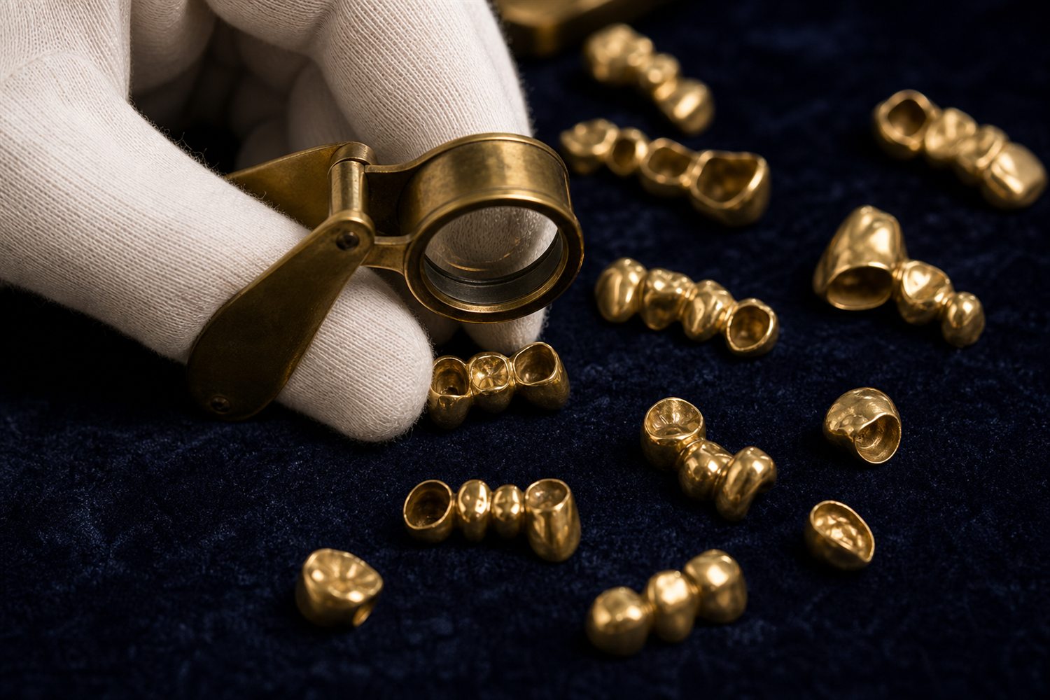 Wei&szlig; behandschuhte Hand sortiert Goldkronen und Br&uuml;cken auf Samt und pr&uuml;ft sie mit der Lupe &ndash; Zahngold-Bewertung in Potsdam