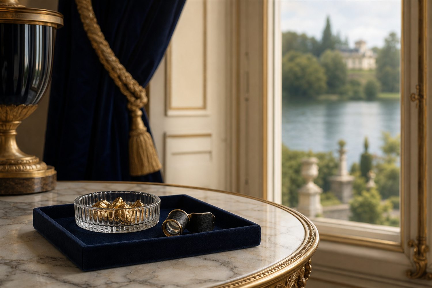 Marmortisch am Fenster einer Potsdamer Villa mit Samttablett, Glasschale Zahngold und Lupe &ndash; Hausbesuch Zahngold-Ankauf Potsdam