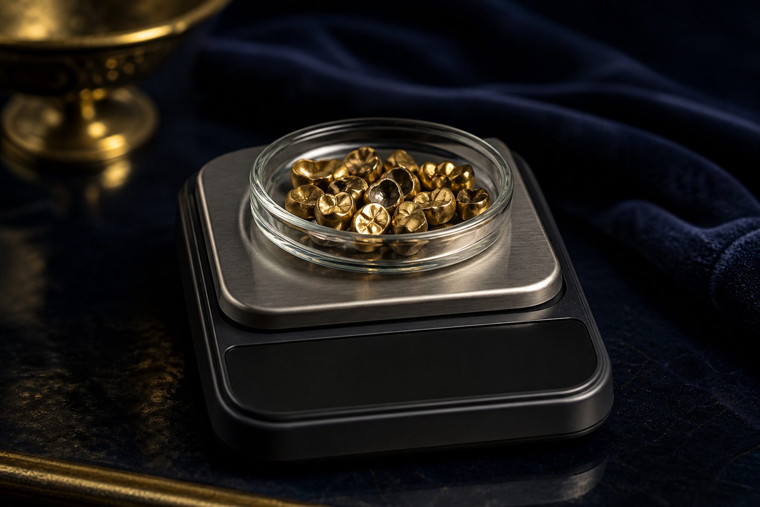 Glasschale mit Zahngold auf der Waagschale einer Feinwaage auf dunkler Fl&auml;che &ndash; Zahngold wiegen und bewerten in Potsdam