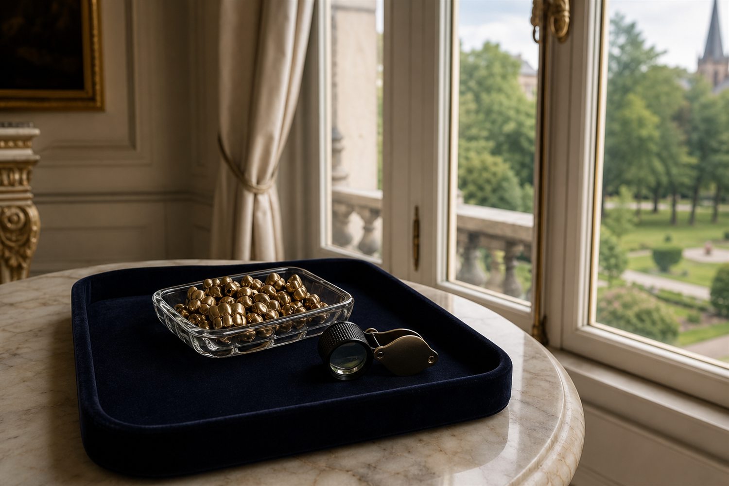Marmortisch am Fenster einer Recklinghausener Villa mit Samttablett, Glasschale Zahngold und Lupe &ndash; Hausbesuch Zahngold-Ankauf Recklinghausen