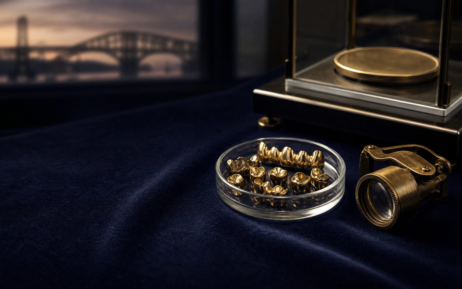 Zahngold, Goldkronen und Br&uuml;cken in einer Glasschale auf dunklem Samt, daneben Lupe und Feinwaage, im Hintergrund die Silhouette des Remscheider Doms &ndash; Zahngold verkaufen Remscheid