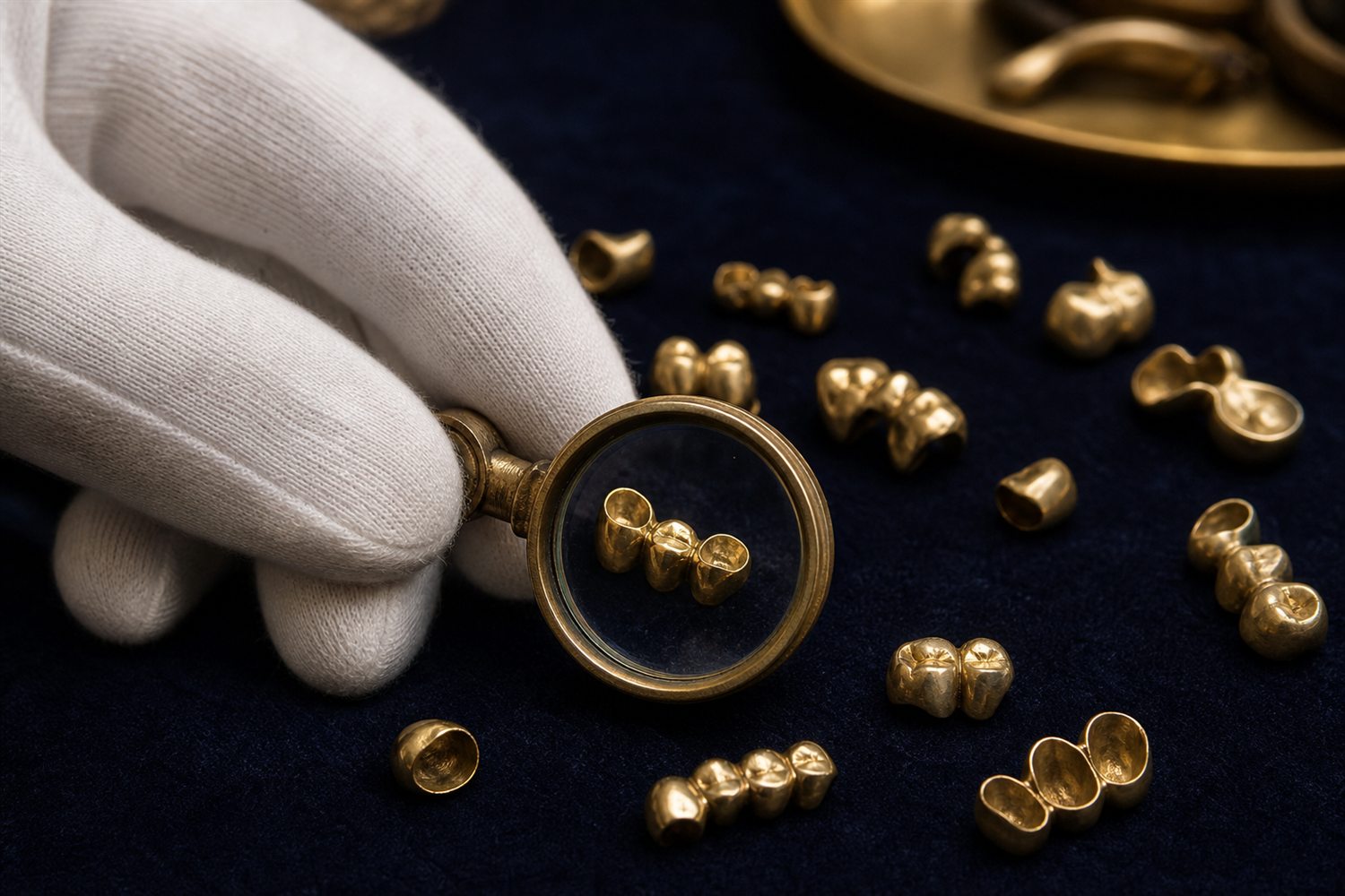 Wei&szlig; behandschuhte Hand sortiert Goldkronen und Br&uuml;cken auf Samt und pr&uuml;ft sie mit der Lupe &ndash; Zahngold-Bewertung in Remscheid