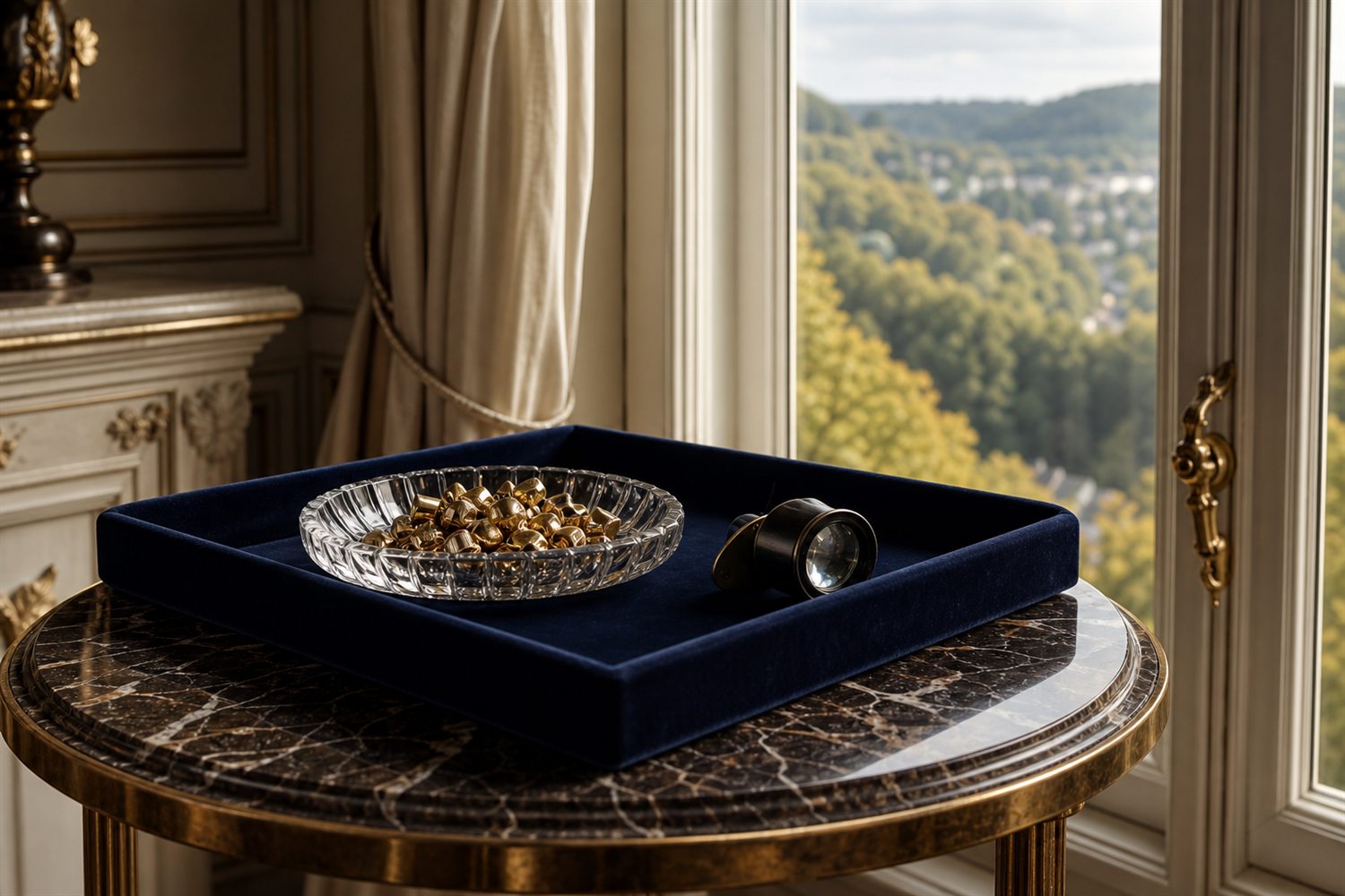 Marmortisch am Fenster einer Remscheider Villa mit Samttablett, Glasschale Zahngold und Lupe &ndash; Hausbesuch Zahngold-Ankauf Remscheid