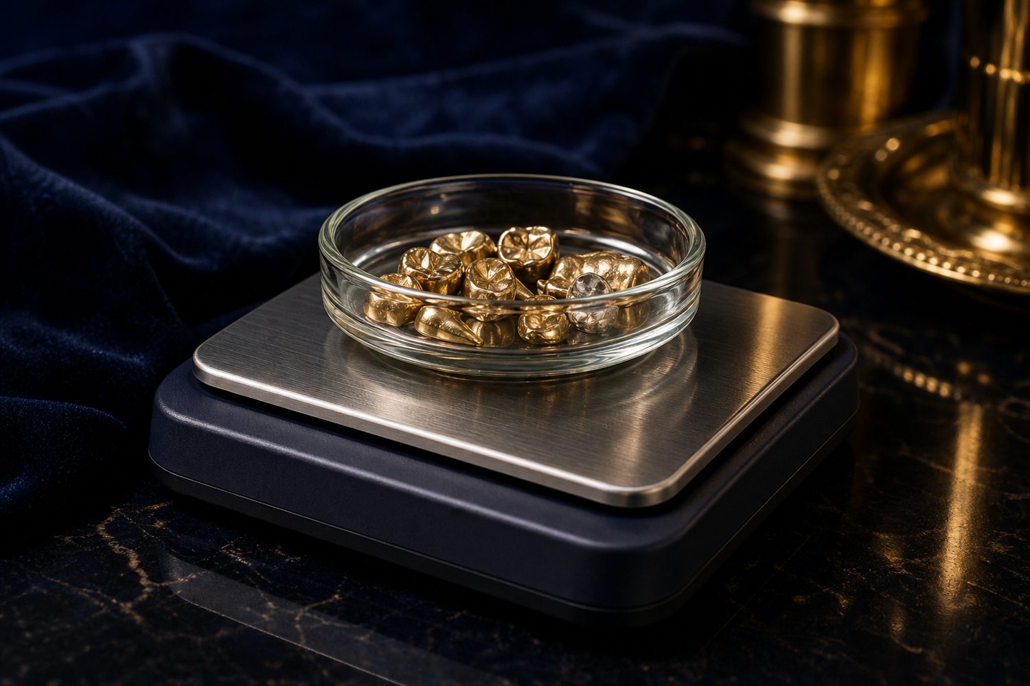 Glasschale mit Zahngold auf der Waagschale einer Feinwaage auf dunkler Fl&auml;che &ndash; Zahngold wiegen und bewerten in Remscheid