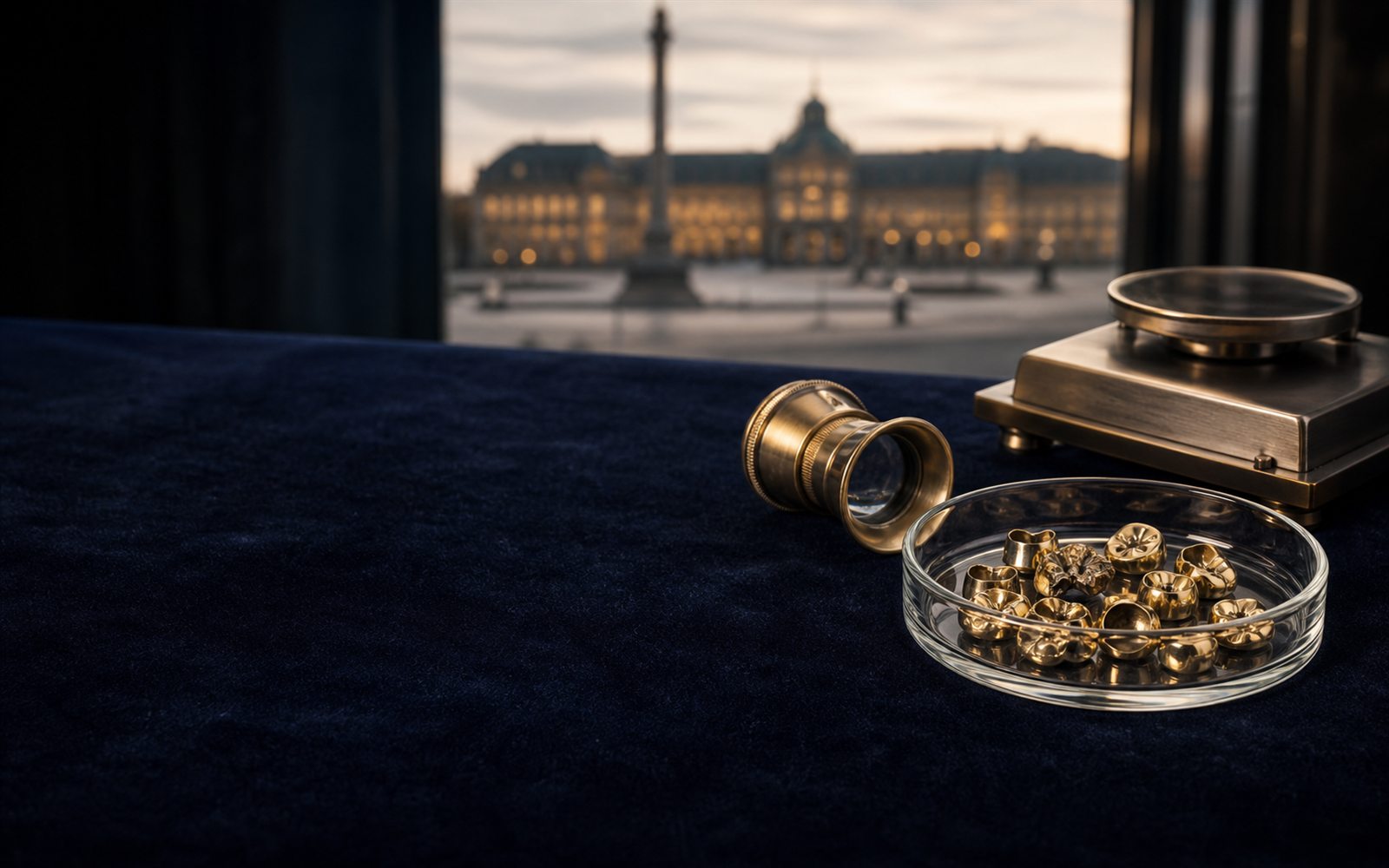 Zahngold, Goldkronen und Br&uuml;cken in einer Glasschale auf dunklem Samt, daneben Lupe und Feinwaage, im Hintergrund die Silhouette des Neuen Schlosses am Stuttgarter Schlossplatz &ndash; Zahngold verkaufen Stuttgart