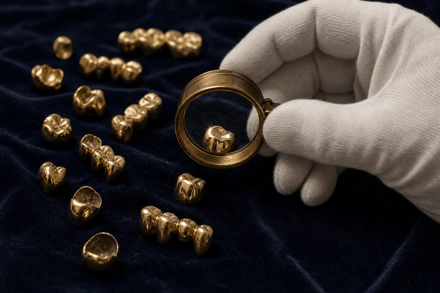 Wei&szlig; behandschuhte Hand sortiert Goldkronen und Br&uuml;cken auf Samt und pr&uuml;ft sie mit der Lupe &ndash; Zahngold-Bewertung in Stuttgart