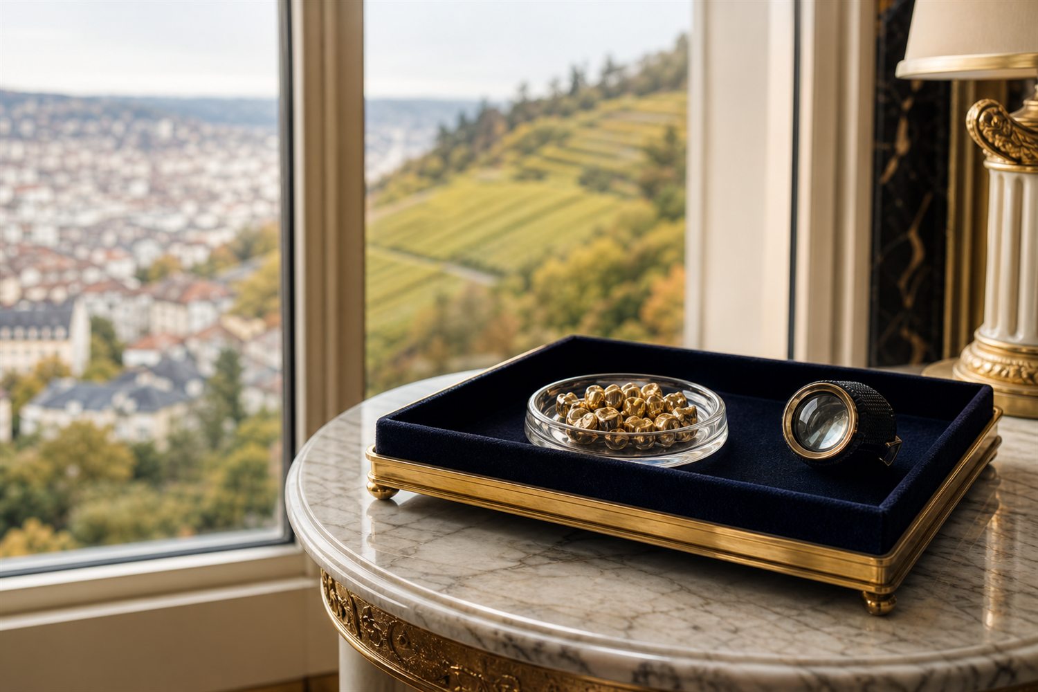 Marmortisch am Fenster einer Stuttgarter Villa in Halbh&ouml;henlage mit Samttablett, Glasschale Zahngold und Lupe &ndash; Hausbesuch Zahngold-Ankauf Stuttgart
