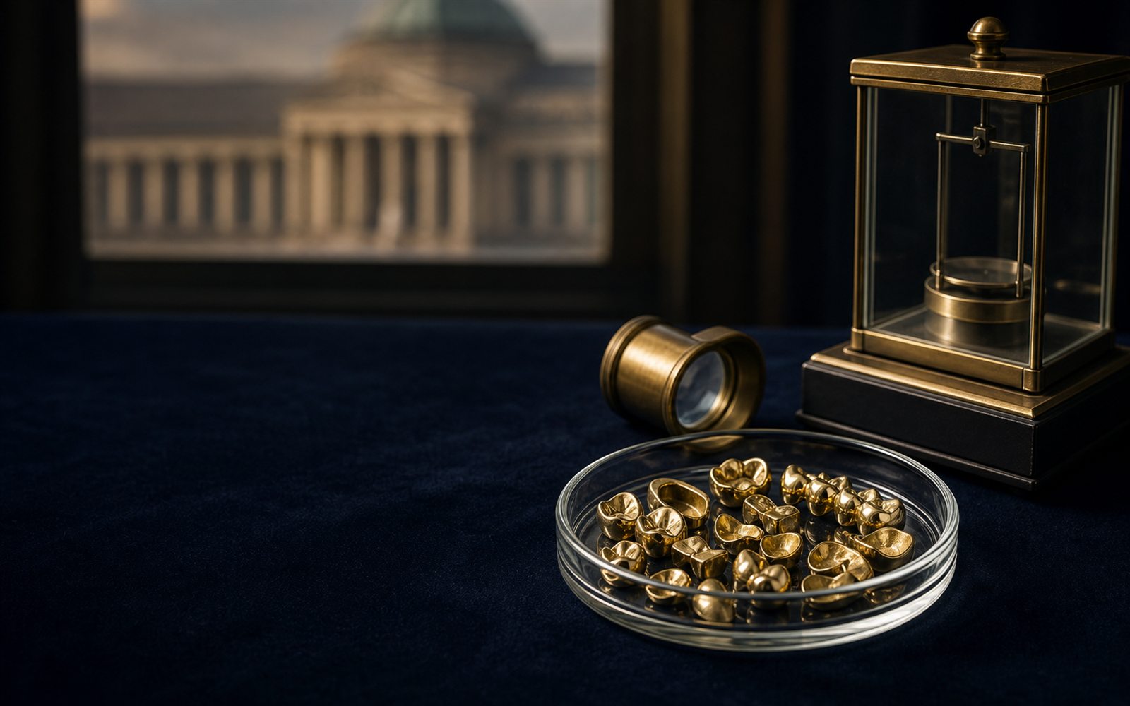 Zahngold, Goldkronen und Br&uuml;cken in einer Glasschale auf dunklem Samt, daneben Lupe und Feinwaage, im Hintergrund die Silhouette des Kurhauses am Bowling Green &ndash; Zahngold verkaufen Wiesbaden